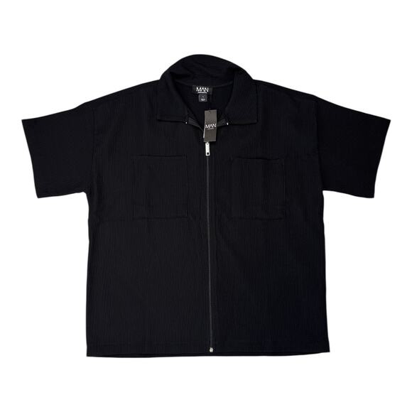 Boohoo Man Pleated Boxy Zip Through Collared Short Sleeve Shirt Size Small - Picture 3 of 7